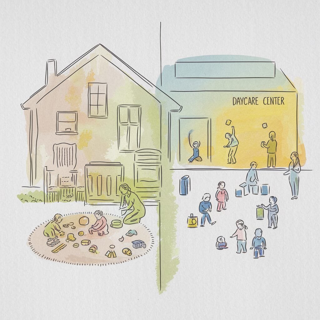 Illustration of Bremerton Daycare: children play outside while adults supervise, with a building labeled "Daycare Center" in the background.