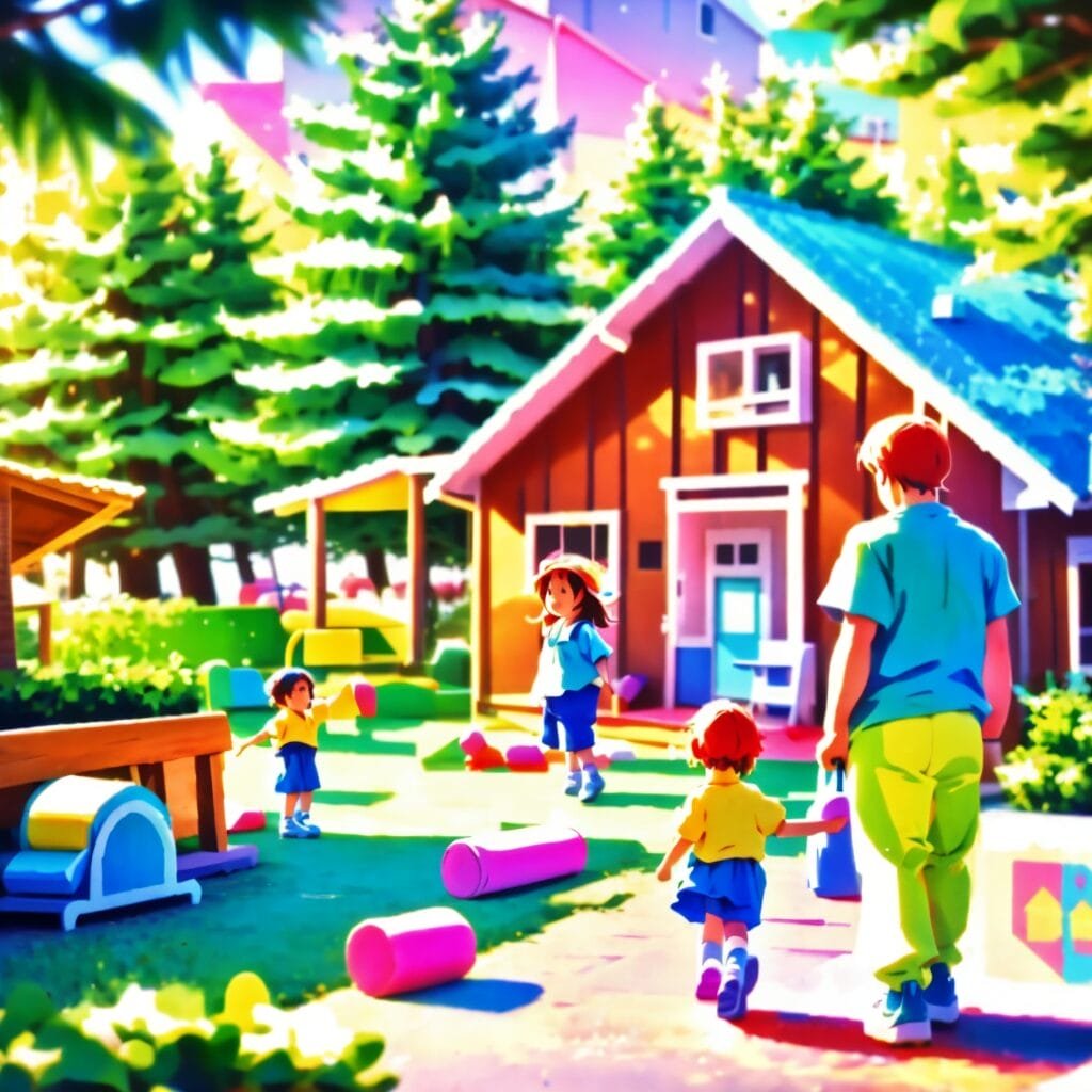 Children playing outside a wooden house on a sunny day, with trees in the background and colorful toys scattered around, evoke the joyful atmosphere of Bremerton Daycare.